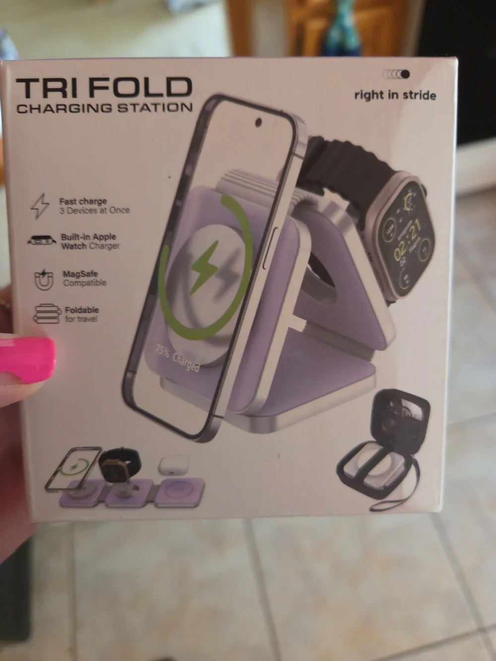 I Phone :Tri Fold Charging Station - Purple Foldable 3-in-1 Wireless Charger